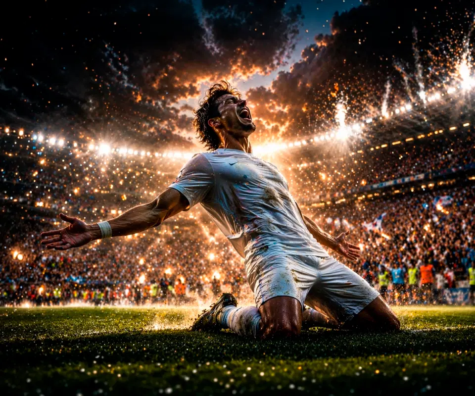 jugador celebrando gol en estadio durante el mundial 2026 ambiente nocturno lleno de aficionados