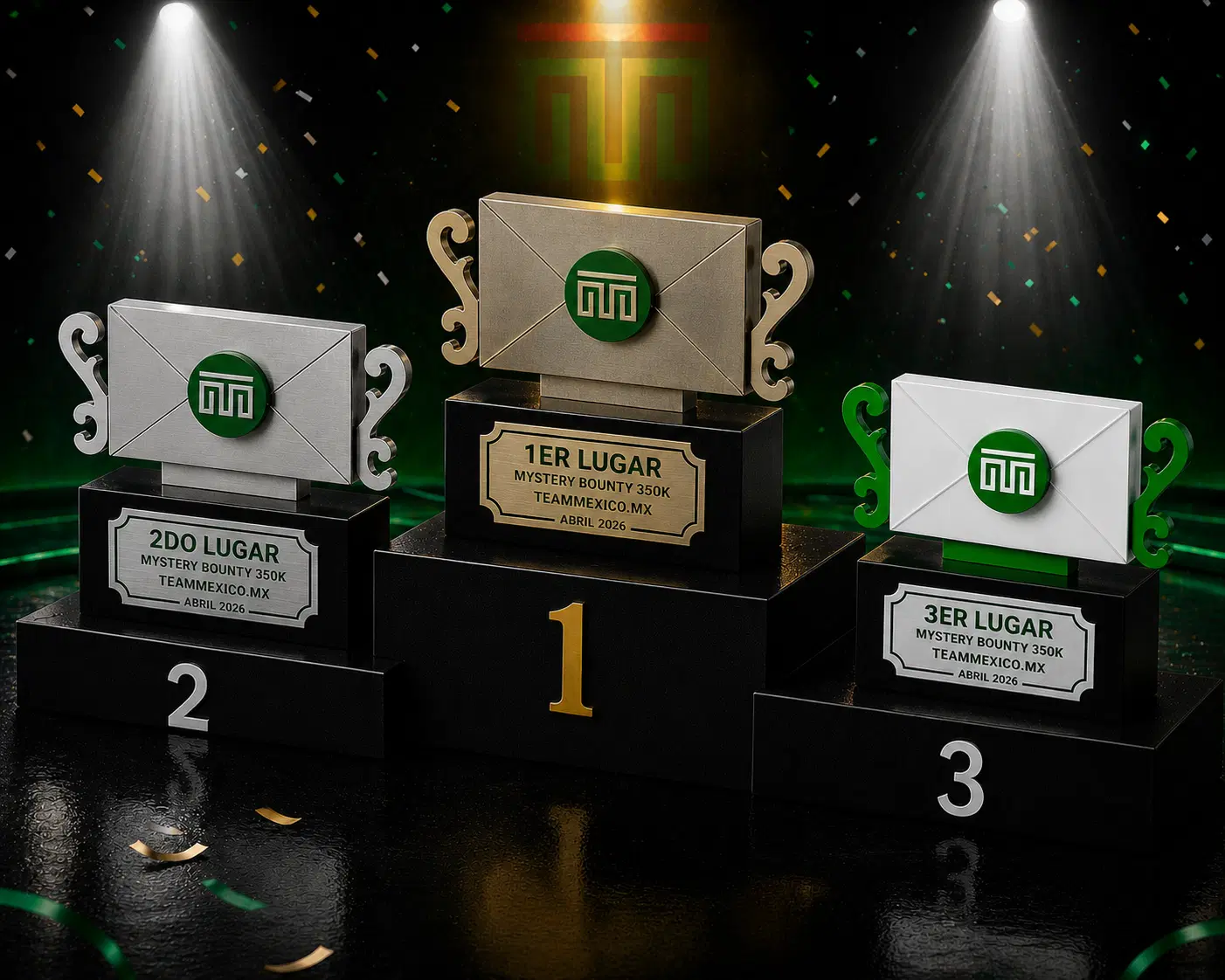 Podio con trofeos de primer, segundo y tercer lugar en torneo Mystery Bounty 350K con iluminación y confeti